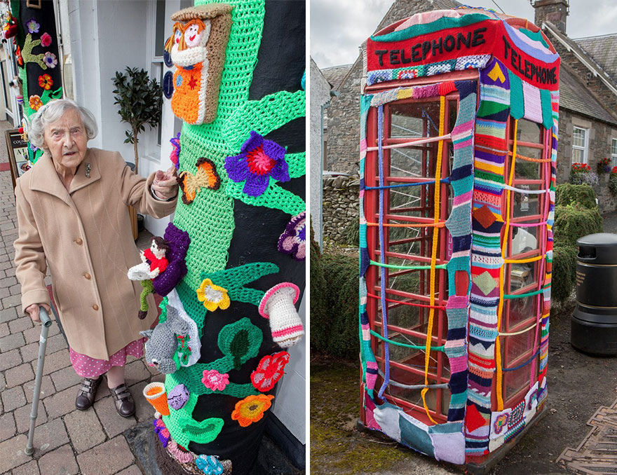 【最高に可愛い】104歳のおばあちゃん、編み物で町中のランドマークを覆う