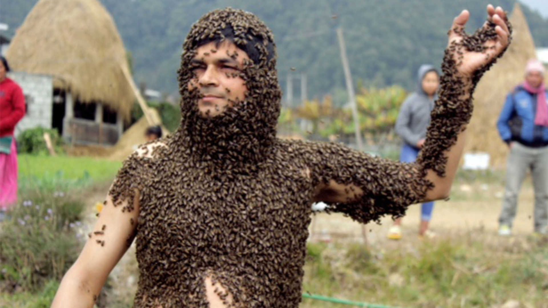 衝撃！裸で3万匹のミツバチをまとう猛者、ネパールに現る