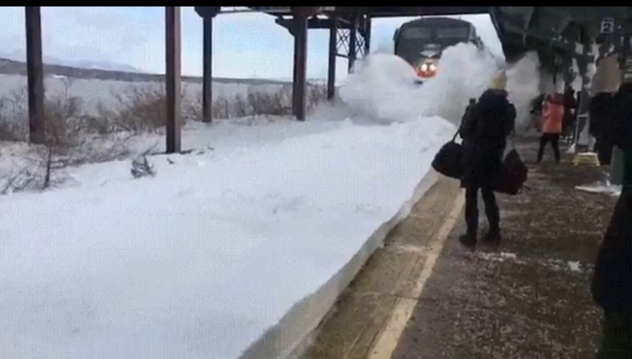 【衝撃映像】豪雪地帯の駅のホームで到着する列車を待っていると…！！